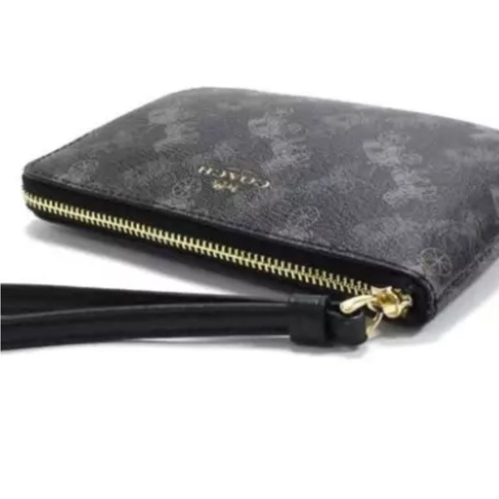 Coach Corner Zip Wristlet Wallet with Horse & Carriage Print Black Grey - Picture 3 of 9